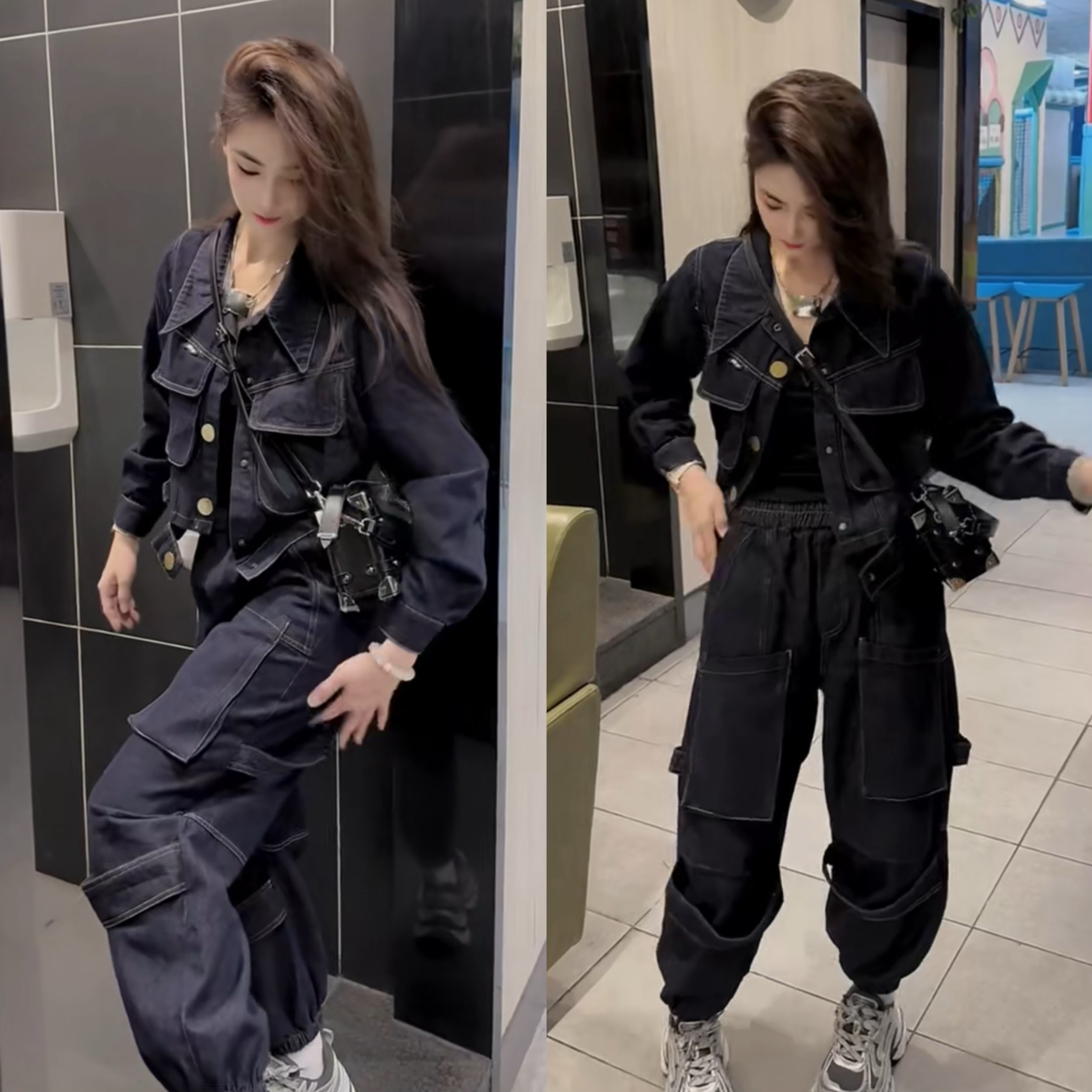 2025新款网红同款女秋季短款上衣重工艺水洗牛仔工装两件套潮潮流