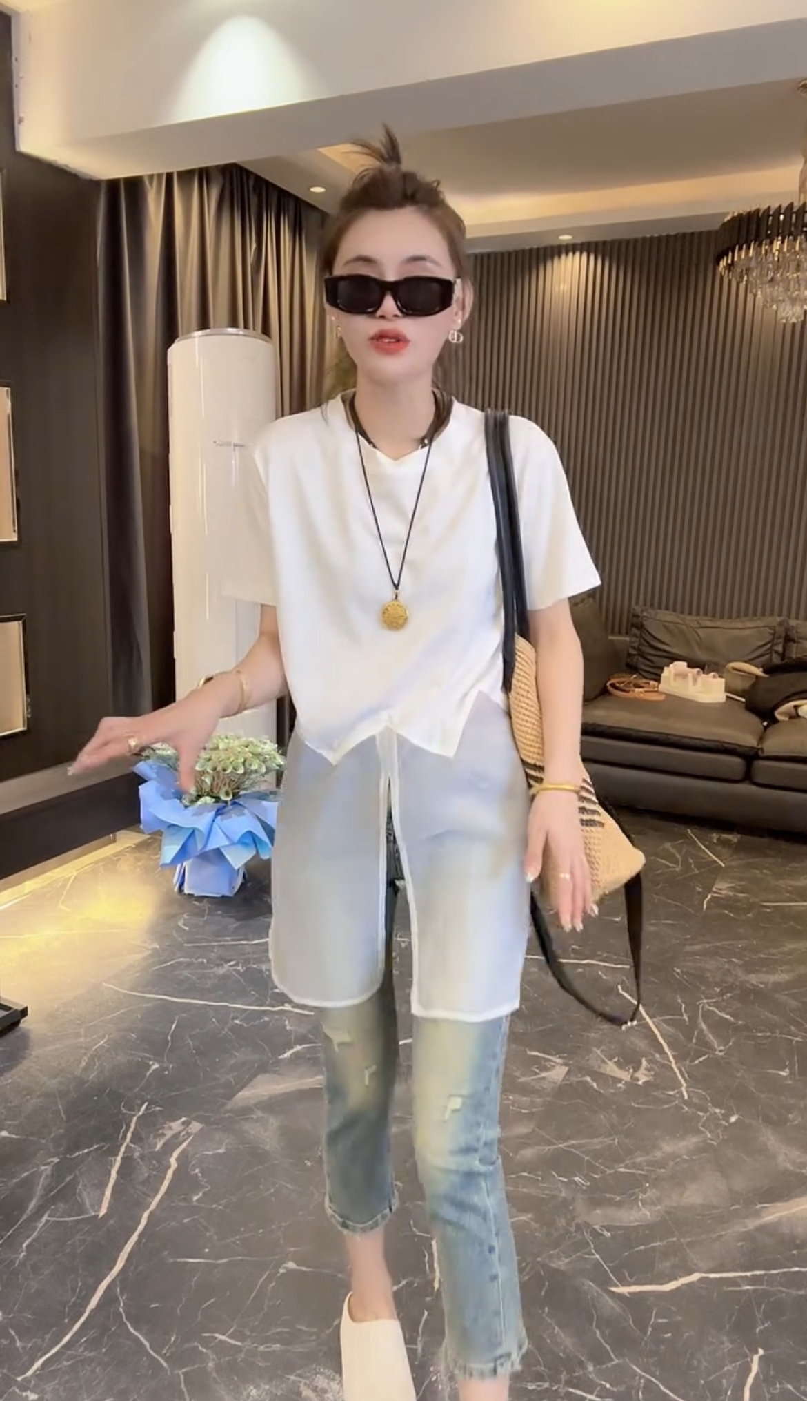 欧洲站2025年夏季新款时尚拼接网纱设计感气质百搭中长款短袖T恤