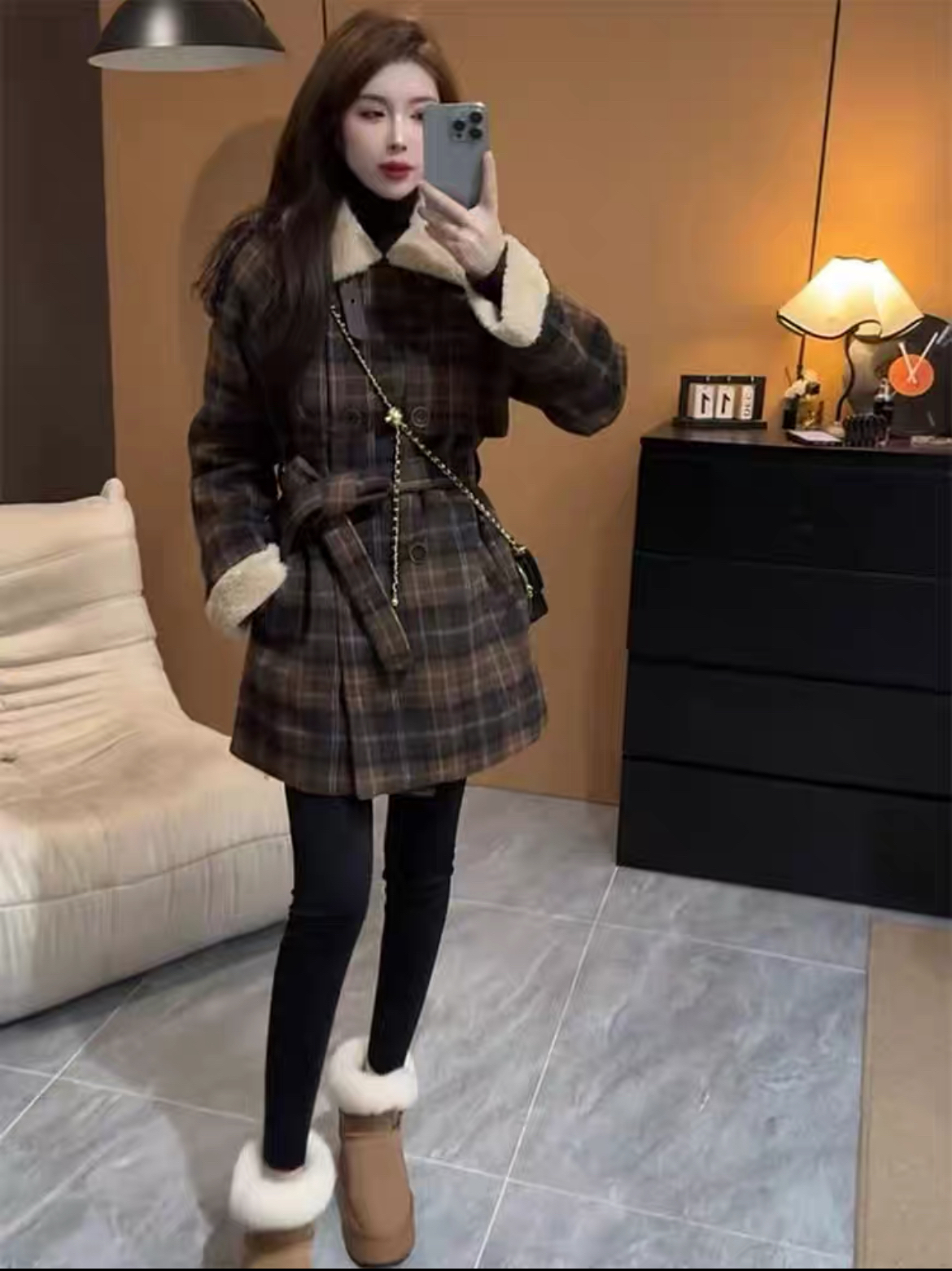 优雅时尚复古毛呢格子棉服2024冬新款韩系唯美收腰显瘦中长款上衣