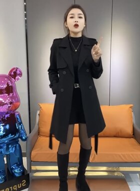 黑色高端大气系带西服领中长款外套风衣2023年秋季新款韩版女装潮