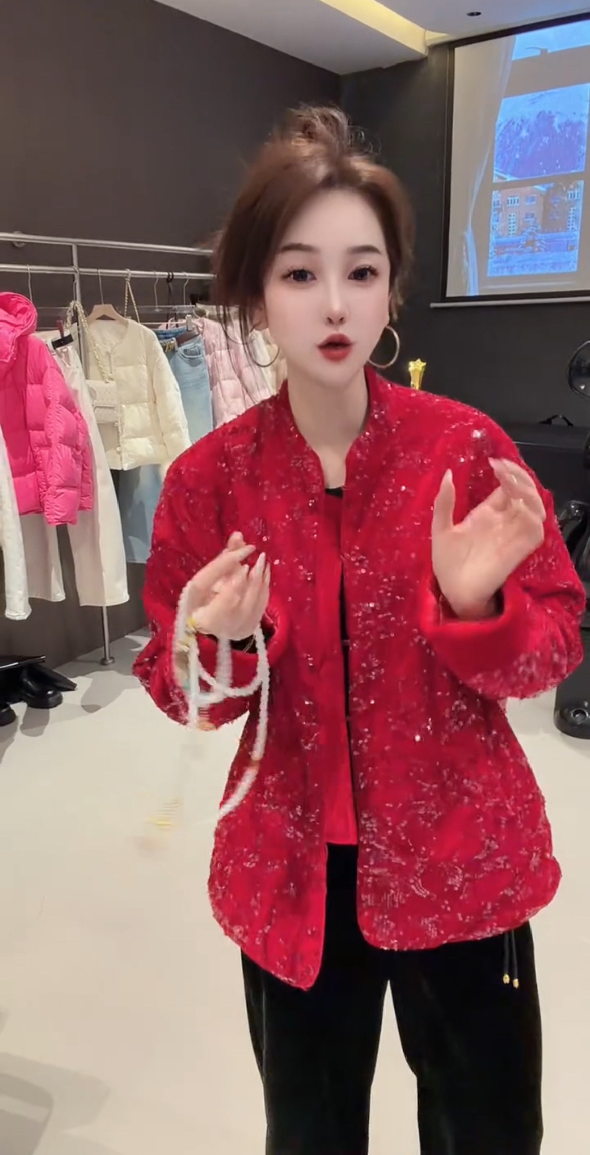 2025冬季拜年服新年款新中式红色棉服女国风重工亮片亮闪闪国风潮