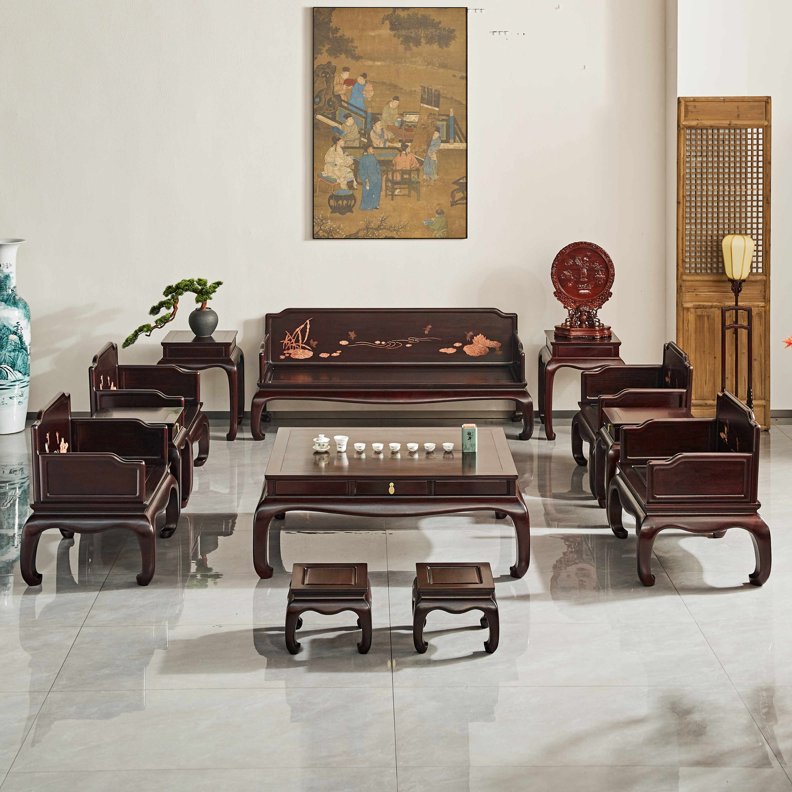 赞比亚紫檀荷花沙发十二件套红木家具别墅家居中式古典客厅组合,住宅家具,红木沙发,淘宝优惠券,粉丝福利购,淘宝优惠卷