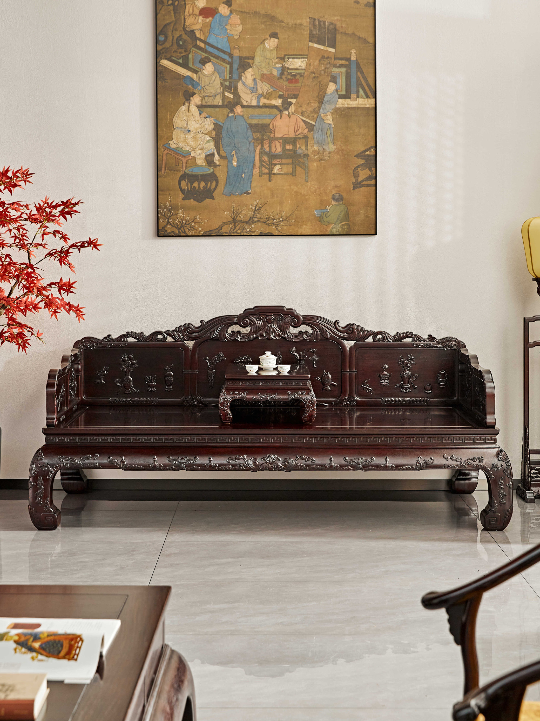 清宫旧藏款八宝西番莲清式罗汉床两件套赞比亚紫檀血檀睡榻罗汉榻