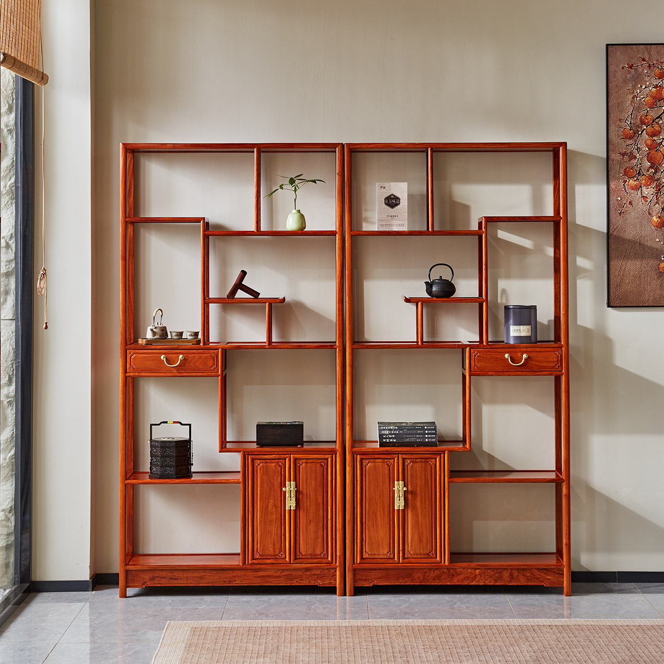 缅甸花梨莲花博古架福器来了中式空间布局宋式美学陈设简约书柜