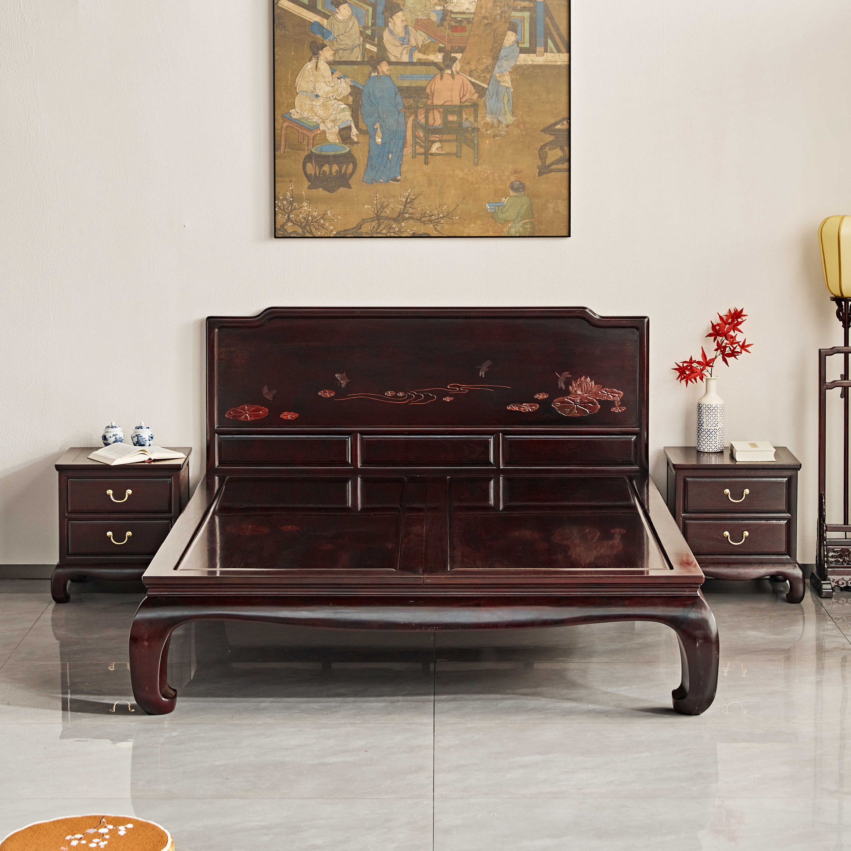 赞比亚紫檀马蹄腿荷花高低床三件套红木家具床通板大脚1.8米婚床,住宅家具,红木床,淘宝优惠券,粉丝福利购,淘宝优惠卷