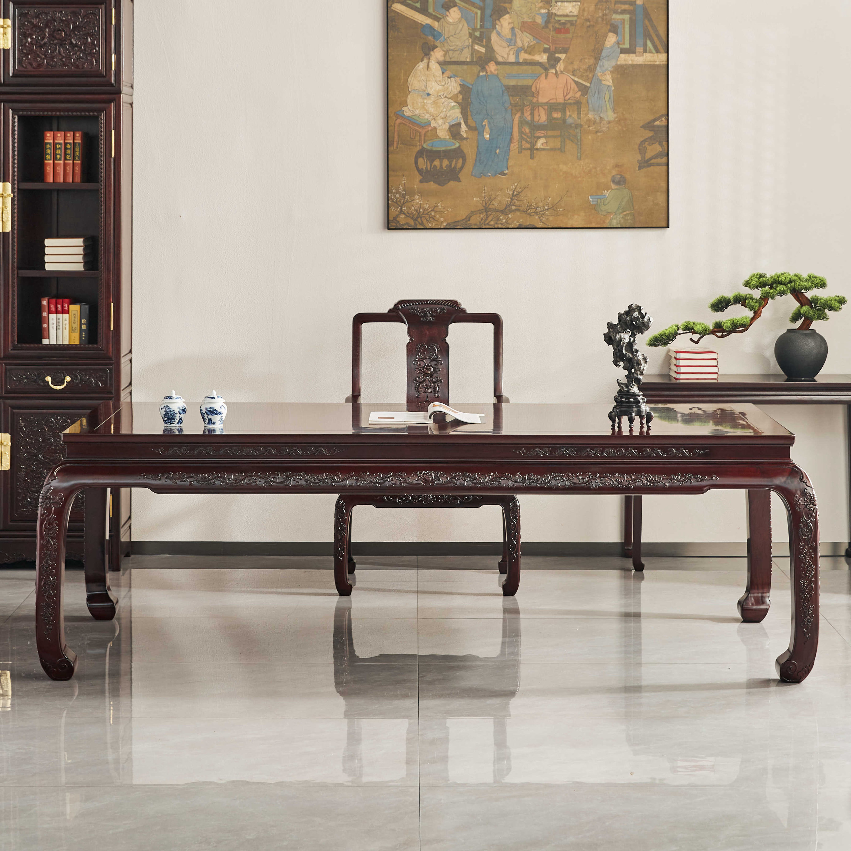 赞比亚紫檀西番莲大画案238组合两件套血檀书画桌椅泡茶台办公室,住宅家具,红木书桌,淘宝优惠券,粉丝福利购,淘宝优惠卷