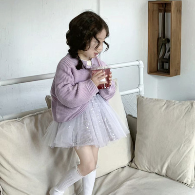 女童甜美韩系穿搭2024春季小女孩气质针织开衫洋气亮片网纱半身裙