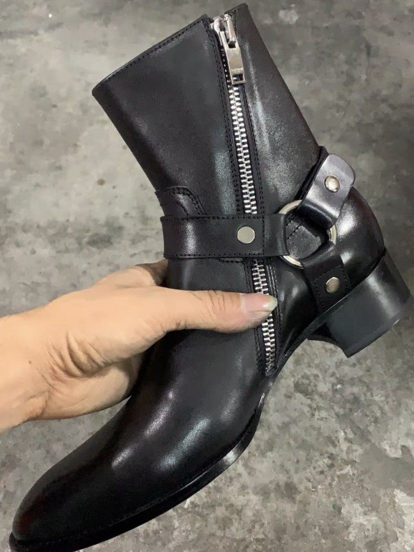 thumbnail for Chelsea boots men's spring and summer Europe and the United States new personality fashion ring buckle head layer cowhide side zipper breathable Martin boots trendy