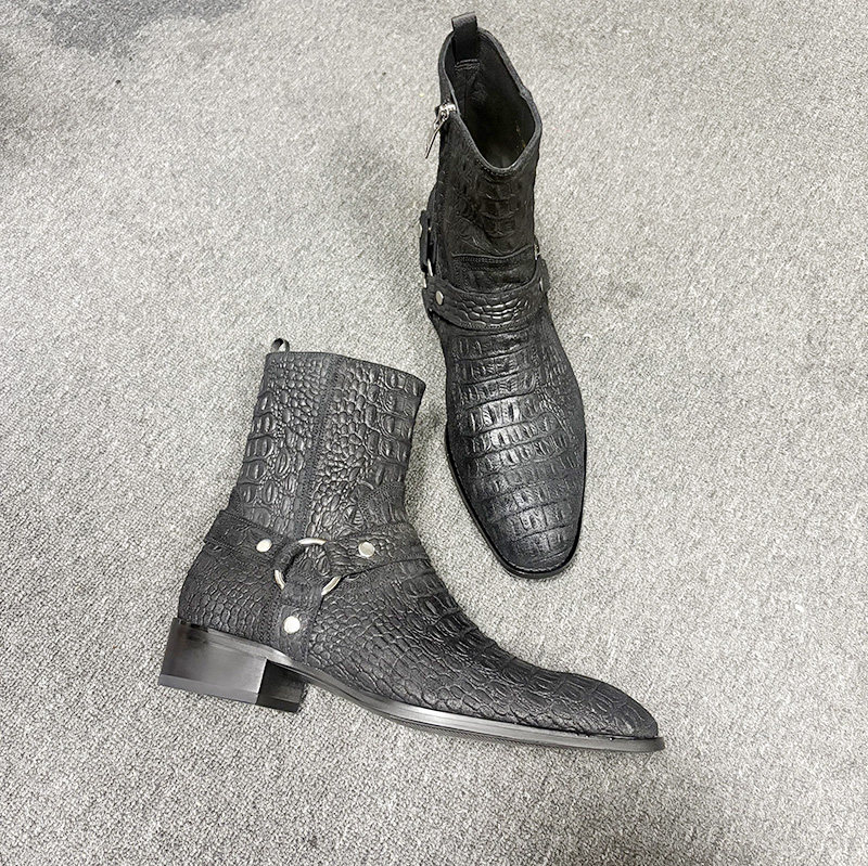 thumbnail for Zhuomajia Dark Style Chelsea Boots for Men, Matte Embossed Leather Crocodile Pattern Side Zipper Pointed Toe Ankle Boots, Fashion Trend