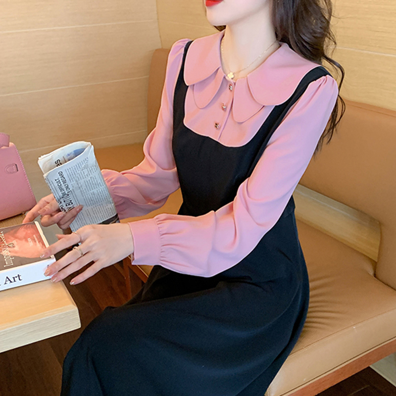 女装胖mm法式气质甜美娃娃领连衣裙秋季假两件长袖收腰遮肉a字裙