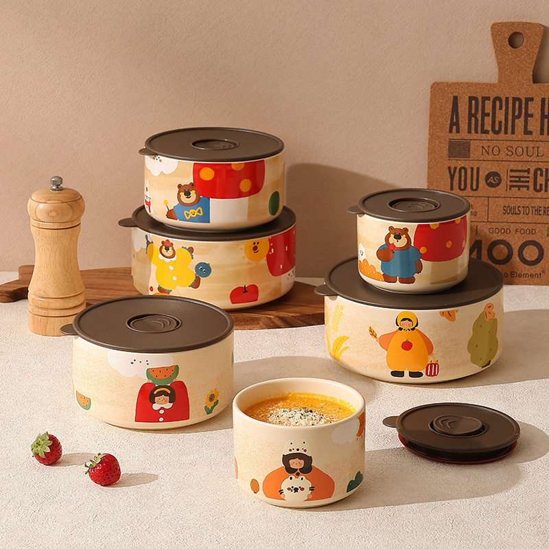 保鲜碗密封碗带盖防漏陶瓷水果碗可爱三件套上班族学生饭盒便当碗,餐饮具,保鲜盒,淘宝优惠券,粉丝福利购,淘宝优惠卷