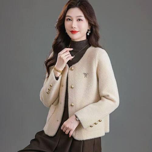 小香风圆领纽扣针织开衫女百搭