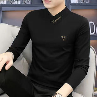 2024春季 春秋装 男士 T恤V领黑色打底男t恤男底衫 潮上衣服 长袖 新款