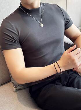 男士纯棉短袖T恤休闲紧身潮流修身半高领打底衫韩版弹力中领半袖
