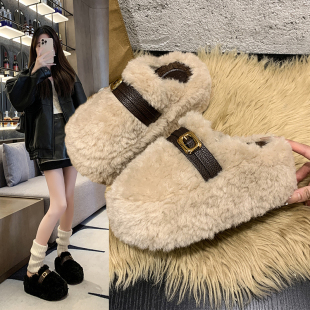 加绒外穿松糕棉拖鞋 小个子厚底增高8cm包头无后跟毛毛鞋 女冬新款