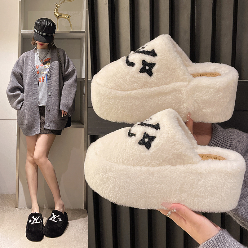 高级感小个子8cm厚底毛毛拖鞋女2025冬新款外穿加绒高跟包头棉拖