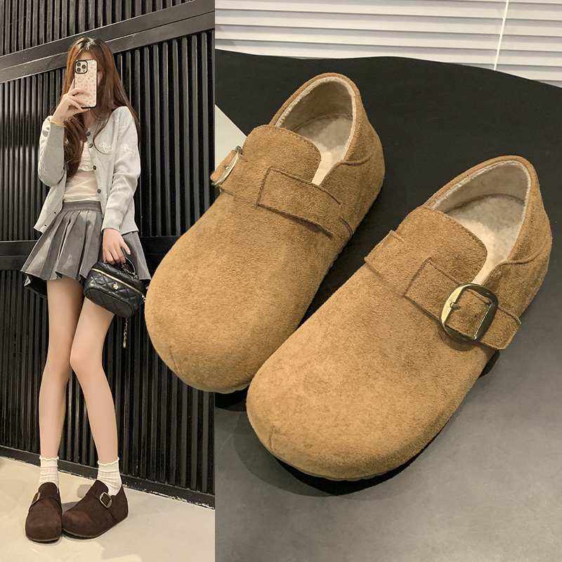 厚底加绒全包勃肯鞋一脚蹬二棉鞋女2025新款冬季薄绒乐福鞋雪地靴