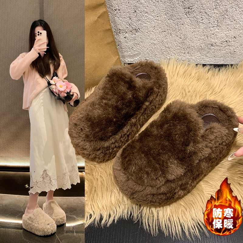 小个子厚底增高8cm包头无后跟毛毛鞋女冬新款加绒外穿松糕棉拖鞋