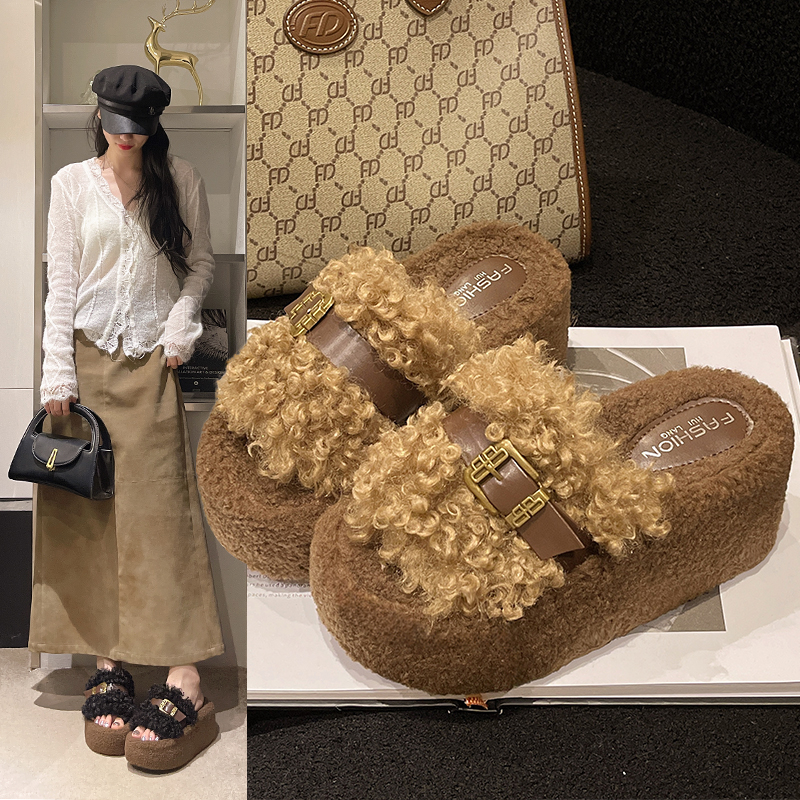 厚底增高7cm毛毛拖鞋女2025年秋冬季新款小个子外穿棉拖毛绒鞋子