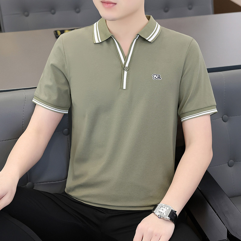 啄木鸟V领有领带领t恤男士翻领短袖polo衫休闲上衣服男装夏季半袖