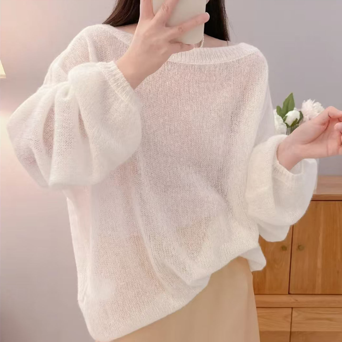 韩系慵懒风镂空针织衫女士早春新款软糯宽松长袖薄款防晒罩衫外套