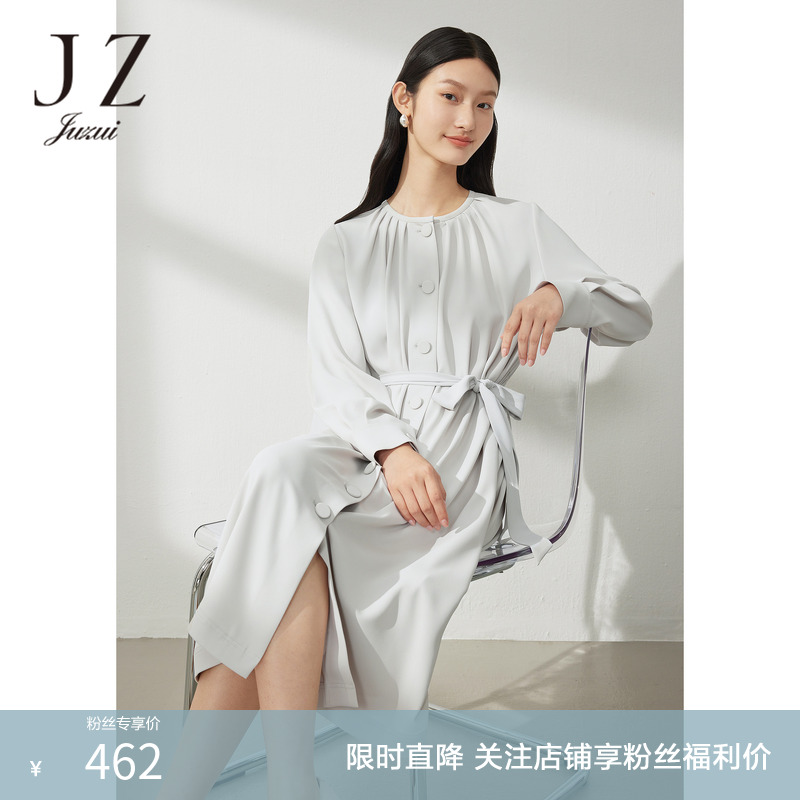 JZ玖姿小众设计感连衣裙女装春季款知性OL风裙子浅米色