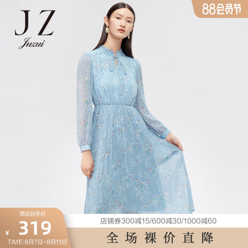 玖姿2022秋季新款安娜蔻系列蓝色印花系带收腰褶皱女雪纺连衣裙怎么样,好用不?