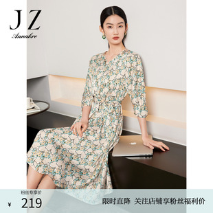 夏季 玖姿安娜蔻V領(lǐng)緞面印花連衣裙女裝 顯瘦收腰桔黃色裙子