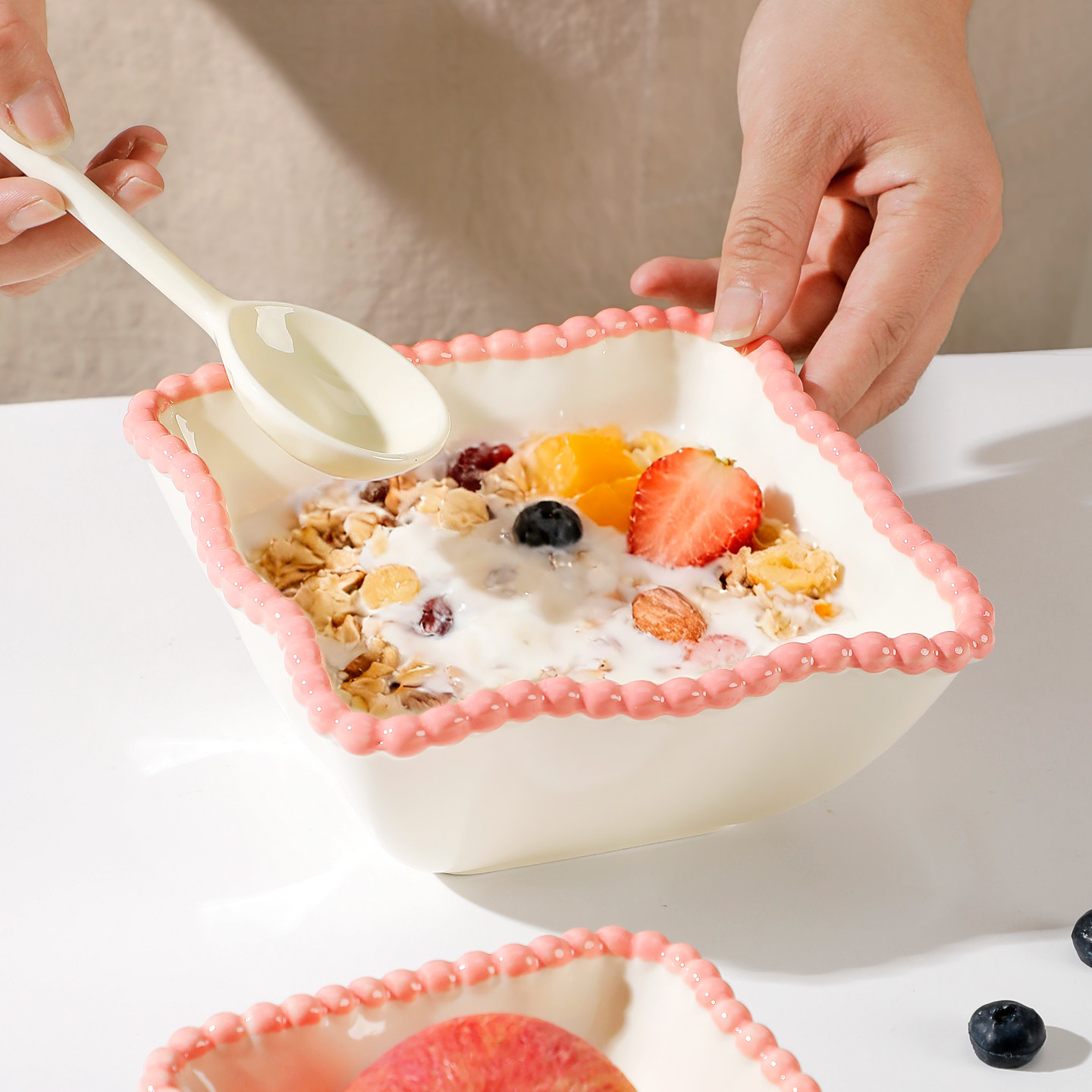 2026新款创意珍珠边陶瓷碗方碗家用早餐麦片碗粉色水果沙拉大号碗,餐饮具,碗,淘宝优惠券,粉丝福利购,淘宝优惠卷