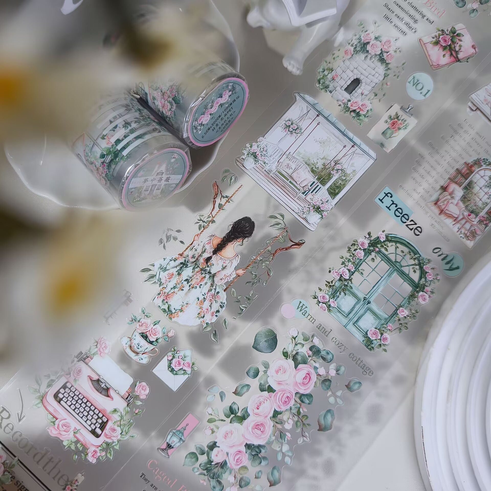 东西社文创【夢中薔薇】PET切模手帐贴纸 轻复古粉绿造景浪漫花园