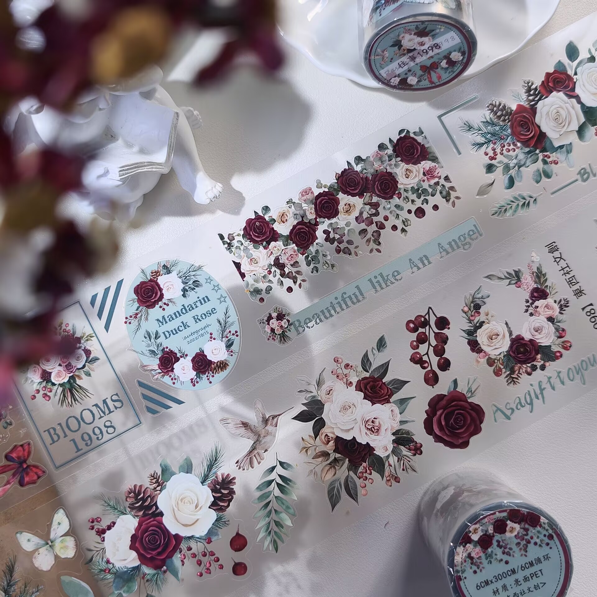 东西社文创【往事1998】PET切模手帐贴纸透明杂志花卉diy拼贴胶带