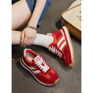 2025新款红色德训鞋厚底秋冬休闲鞋女34小码女鞋313233阿甘鞋女款