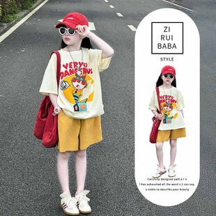 女童夏季套装2025新款中大女童时髦洋气韩版儿童休闲运动短裤套装