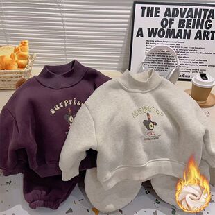 卡通字母印花半高领圆领卫衣套装男女童秋冬时尚洋气加绒加厚卫裤