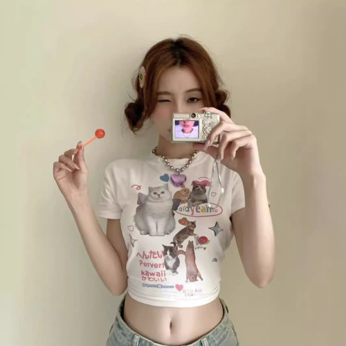 猫咪印花露脐短袖女装正肩修身短款T恤夏季BM显胸上衣打底高腰型