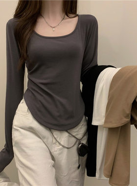 长袖t恤女式秋冬新款潮ins不规则修身学生休闲短款上衣打底衫