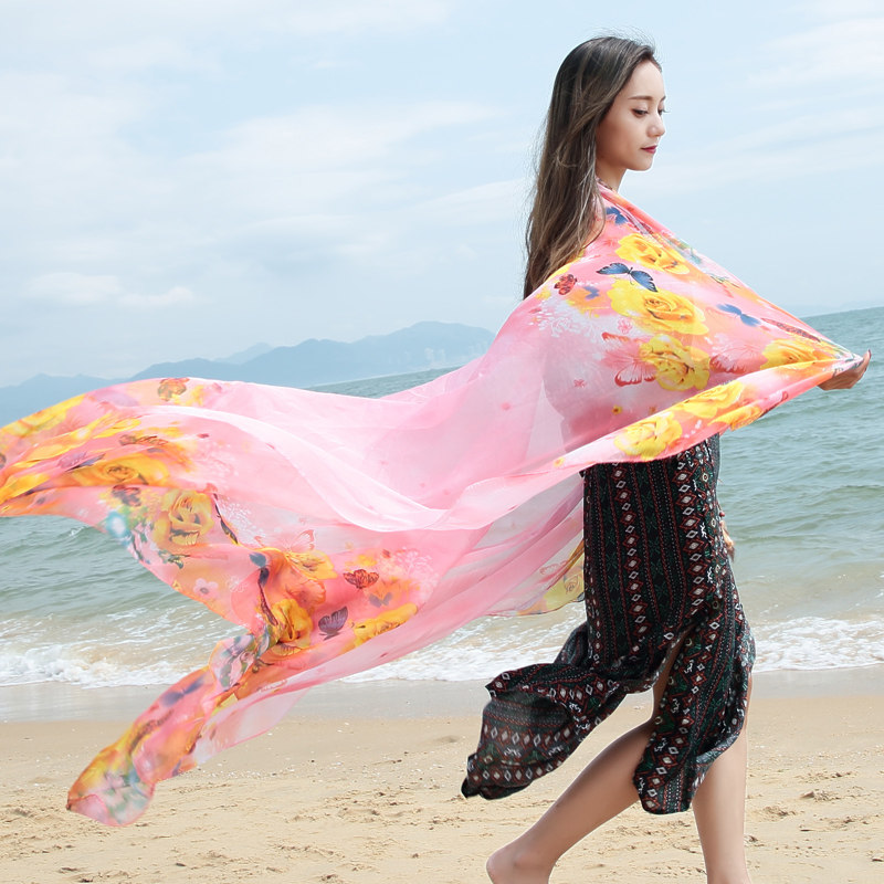 超大沙滩巾女春夏长款百搭时尚丝巾洋气围巾妈妈防晒披肩围巾两用