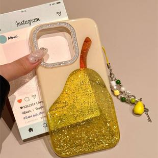 鏤空閃粉綠色梨子適用iphone16pro手機殼蘋果16新款 13超火15promax全包防摔保護套 15閃粉鏡框14pro女款