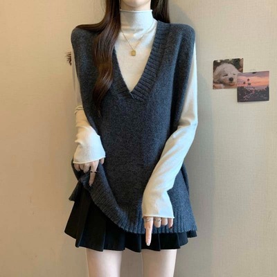 慵懒风灰色v领针织衫马甲