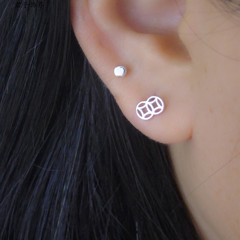 S925纯银复古钱币耳钉小众设计感轻奢招财民族风前途似锦男女耳环
