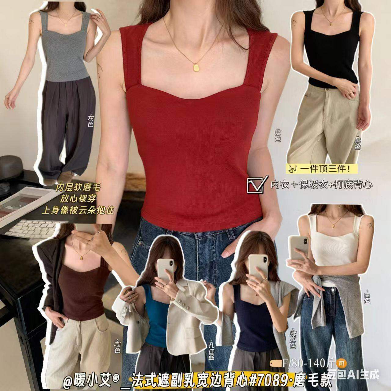 暖小艾法式遮副乳宽边带胸垫背心磨毛秋冬新款修身显瘦内搭打底女,女士内衣/男士内衣/家居服,保暖背心,淘宝优惠券,粉丝福利购,淘宝优惠卷