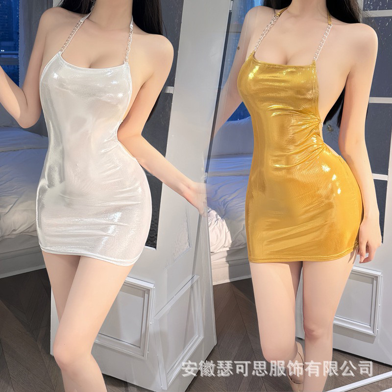 性感挂脖高级小胸显大烫金秘书夜店名媛铁链吊带睡衣制服睡裙