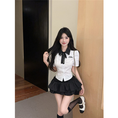 两件套高腰蓬蓬领结学院风短袖