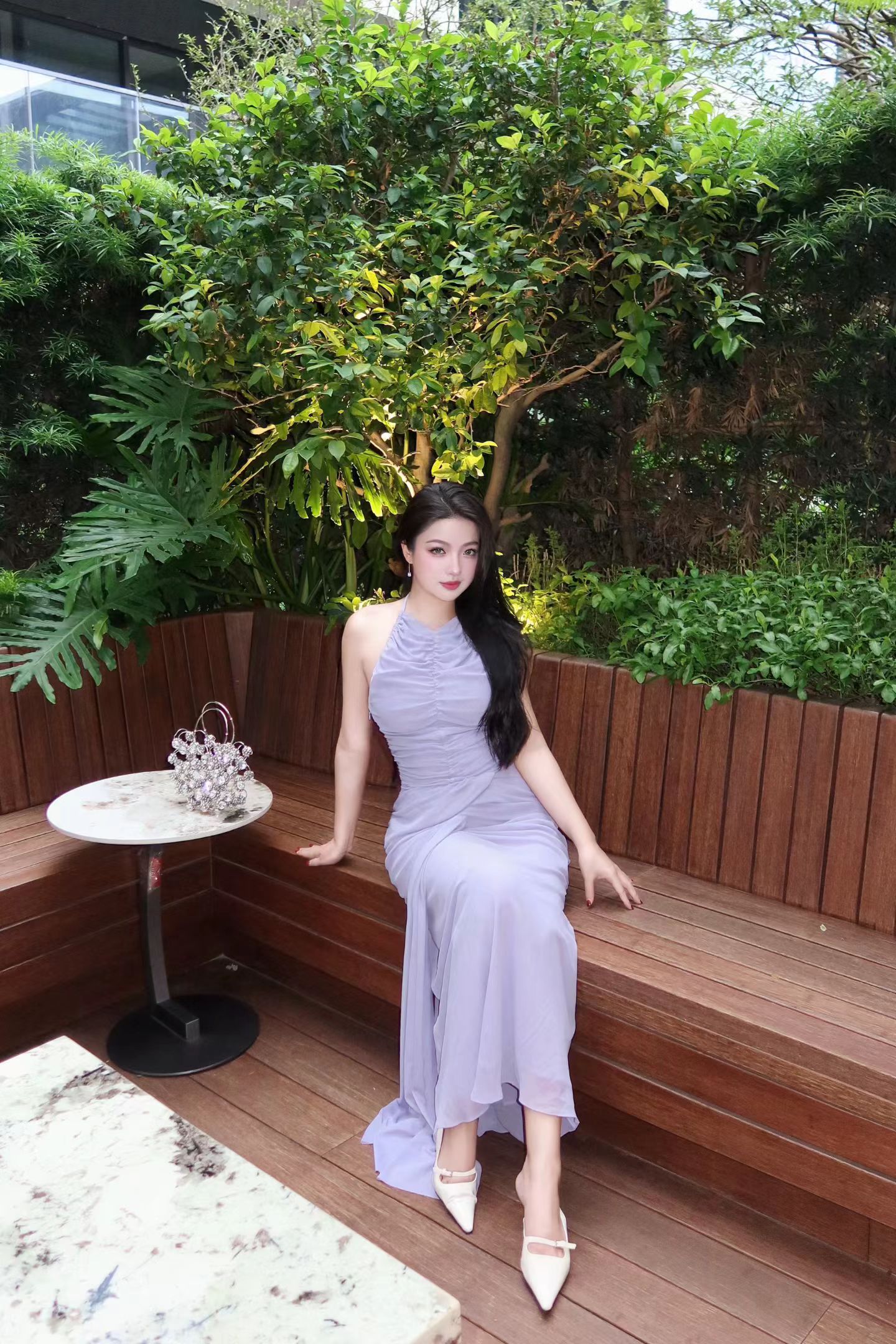 温柔挂脖无袖紫色立体花朵连衣裙女宴会礼服