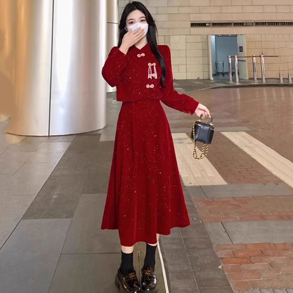 红色新中式旗袍敬酒订婚连衣裙子图片