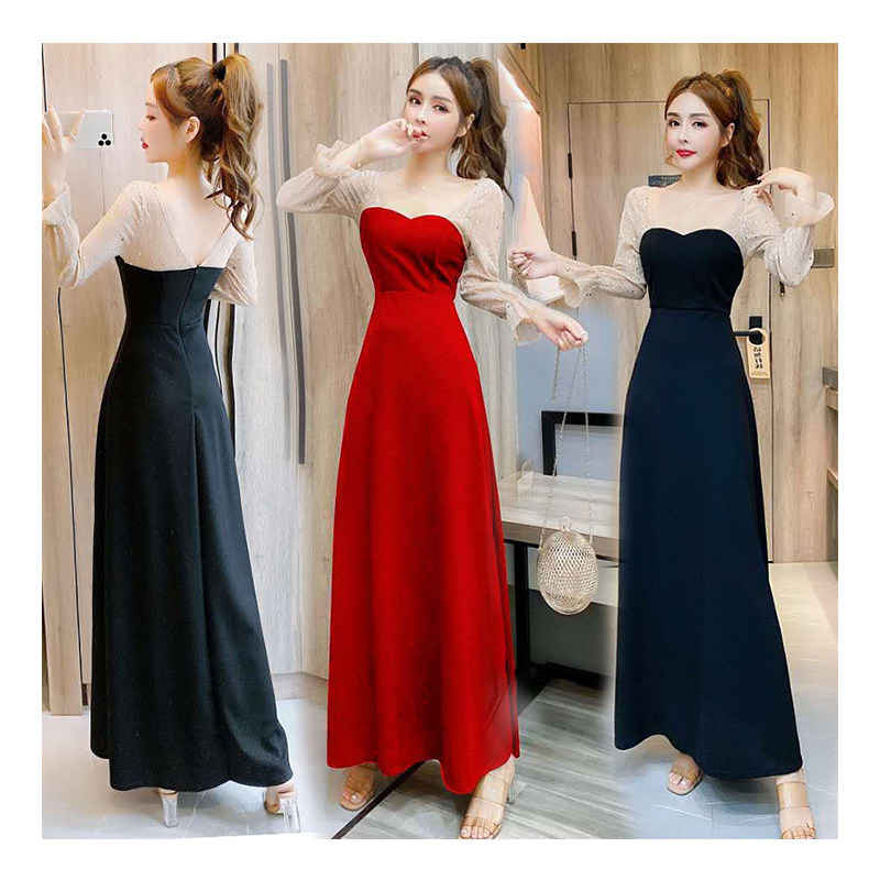 新款春夏V领拼接收腰显瘦礼服