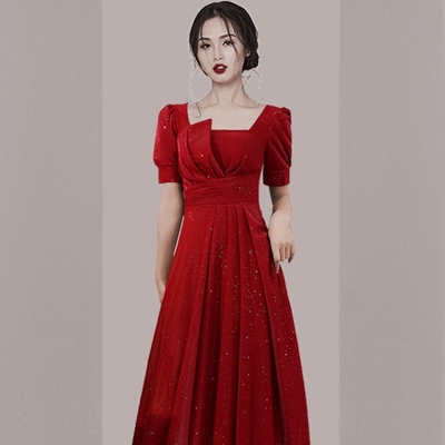 连衣裙女方领中长款气质A字裙