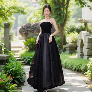 黑色年會(huì)晚禮服女宴會(huì)輕奢小眾高端高級(jí)感主持人聲樂藝考禮服長(zhǎng)款