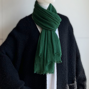 沙漠旅游防晒头巾披肩民族风围巾毛边棉麻纯色丝巾男女墨绿色纱巾