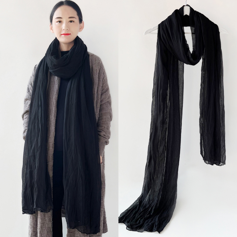 褶皱超长围巾春秋小众薄款细长围脖文艺装饰百搭复古护颈纯色丝巾